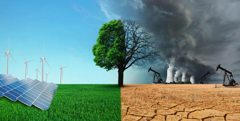 A split image showing two contrasting scenes. On the left, a green grassy field with wind turbines and solar panels under a clear blue sky. On the right, a barren, cracked ground with a barren tree, oil pumps, and smokestacks emitting pollution caused by fossil fuels
